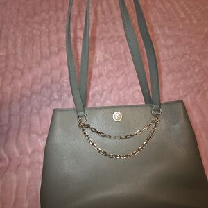 Anne Klein Sage Green Pebbled Shoulder Tote with Gold Chain